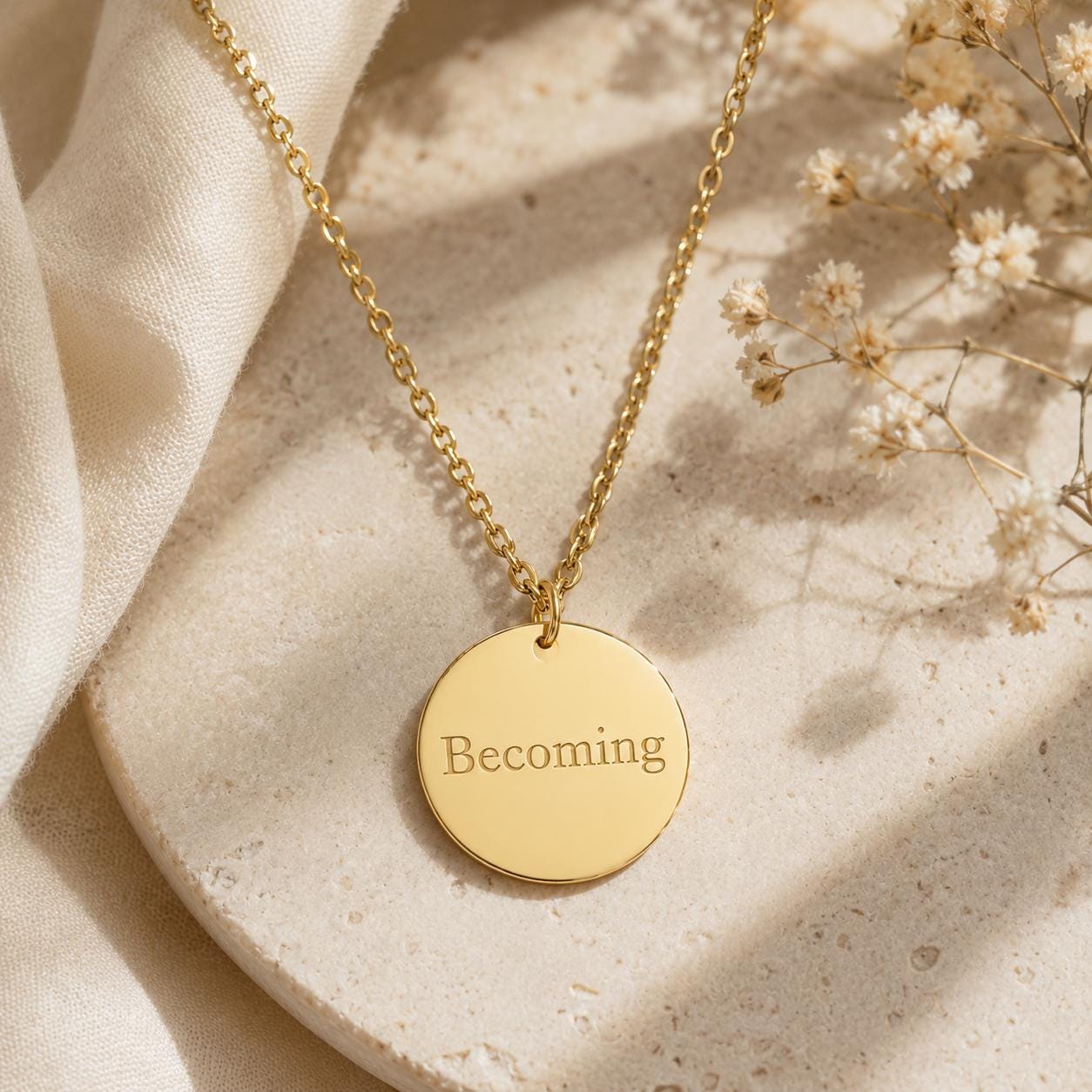 Engraved Gold Disc Necklace – Minimalist Inspirational Pendant, Self Growth Jewelry