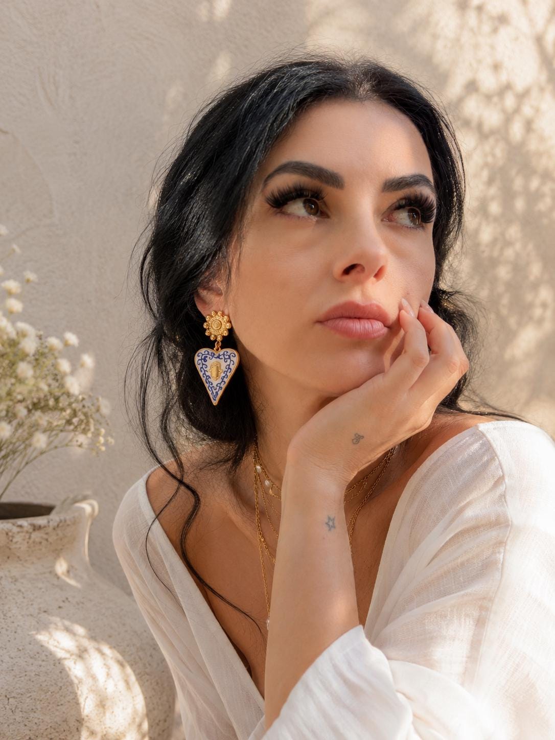 Blue White Heart Ceramic Earrings, Italian Sicilian Inspired Gold Dangle Mediterranean Jewelry