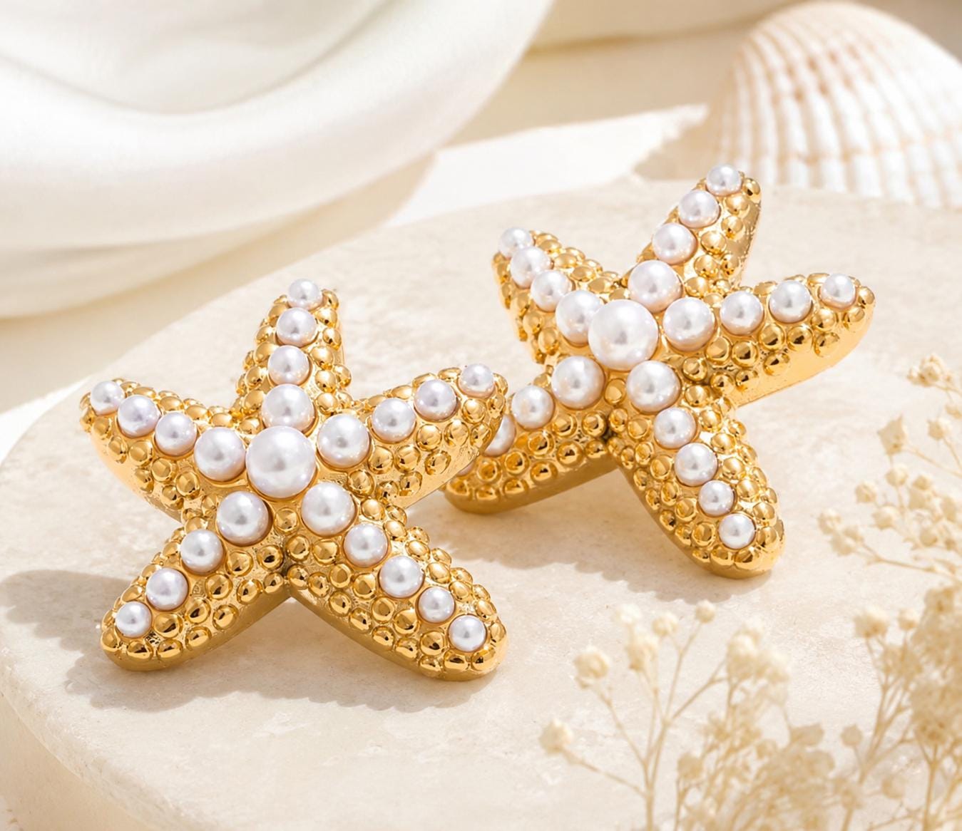Gold Pearl Starfish Stud Earrings | Coastal Beach Summer Jewelry