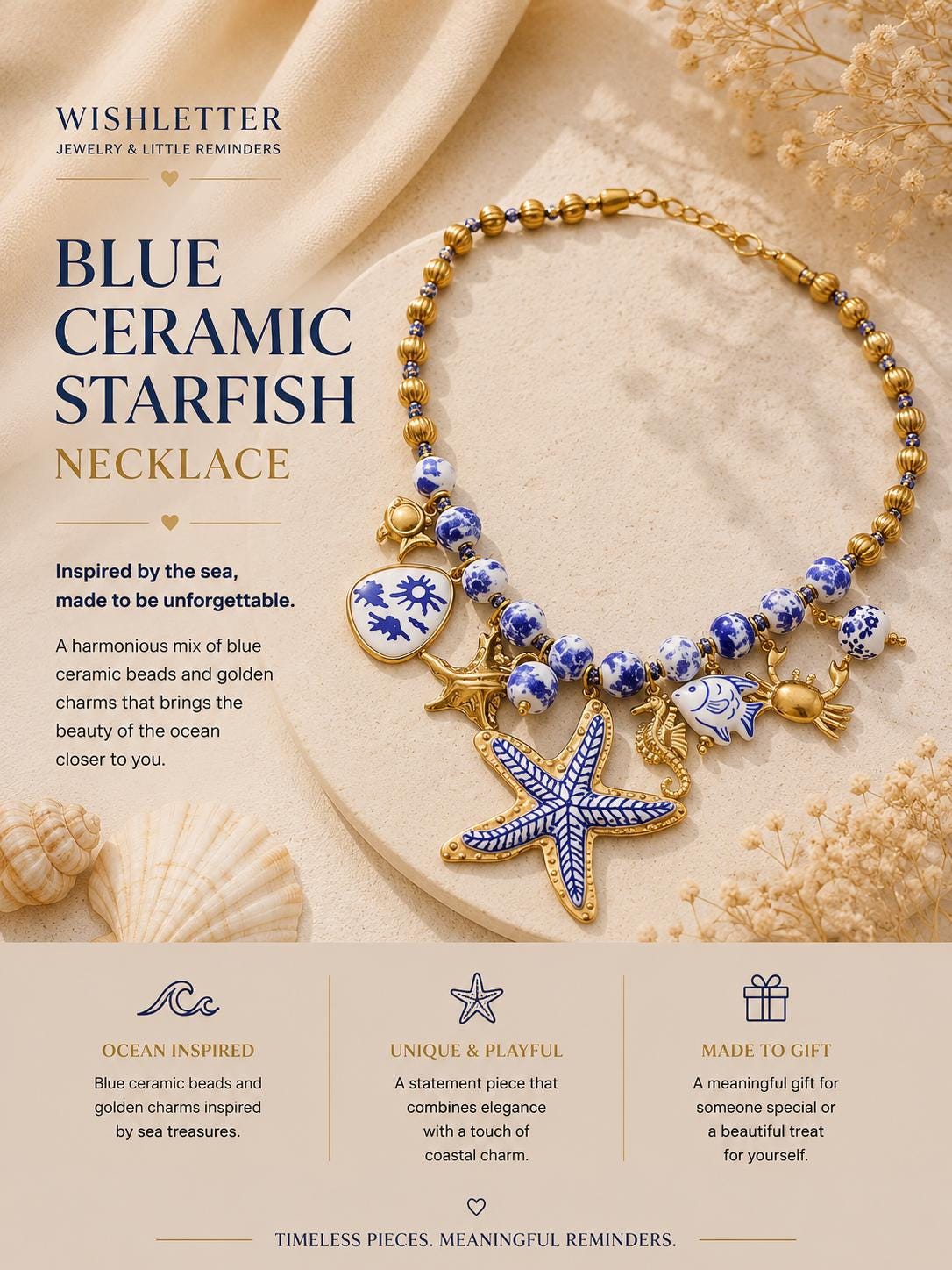 Blue Beaded Starfish Necklace, Ocean Charm, Shell Beads, Coastal Statement, Summer Jewelry