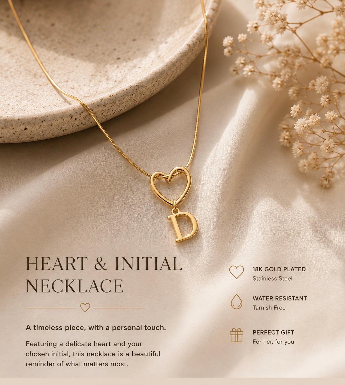 18K Gold Plated Heart Initial Necklace – Personalized Alphabet Pendant Stainless Steel
