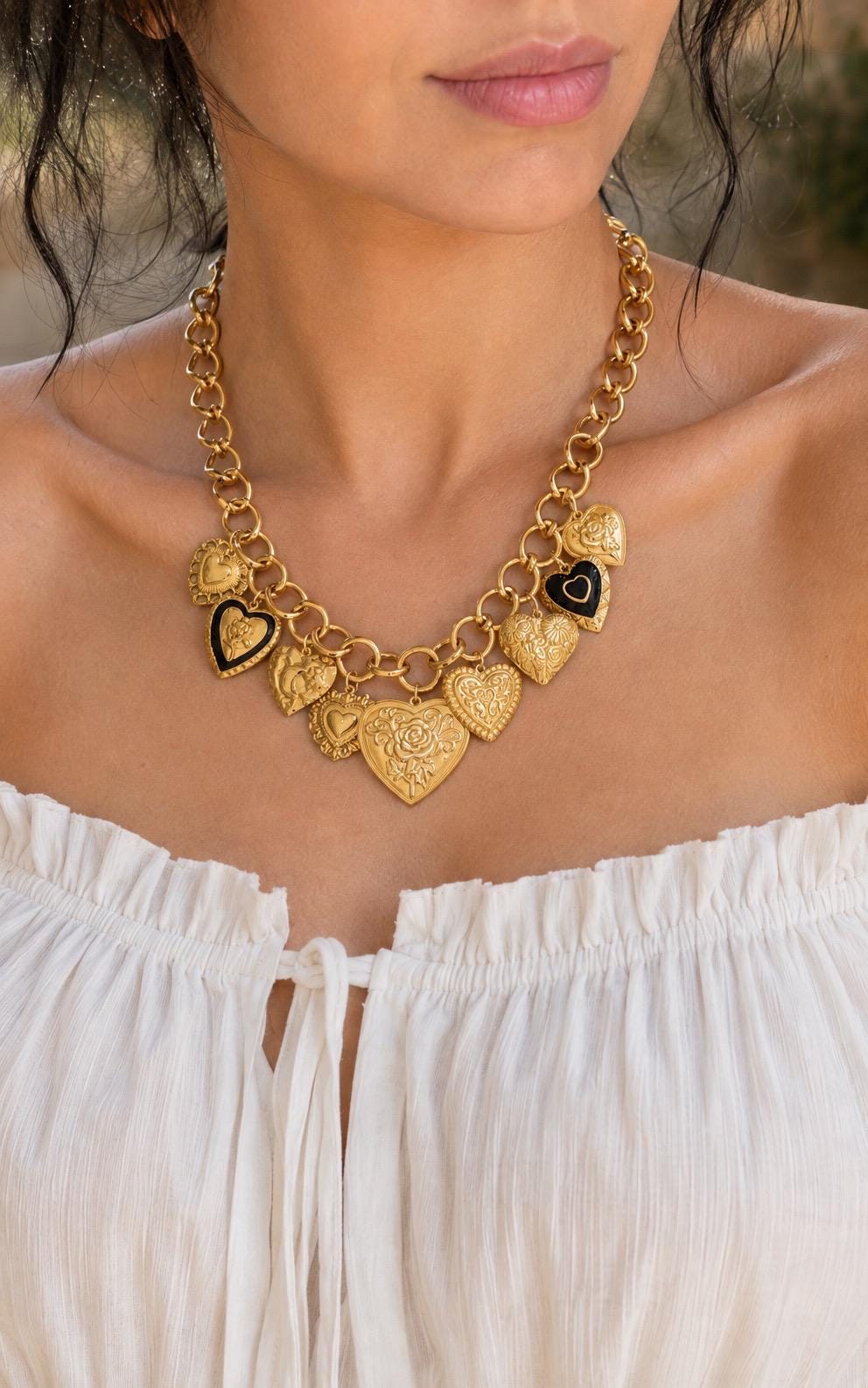Gold Heart Charm Statement Necklace | Chunky Vintage Chain, Romantic Pendant