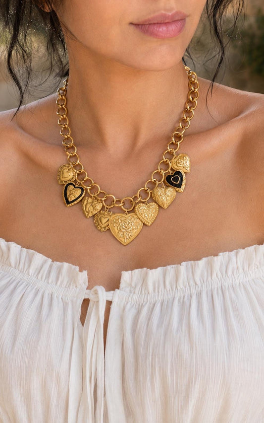 Gold Heart Charm Statement Necklace | Chunky Vintage Chain, Romantic Pendant