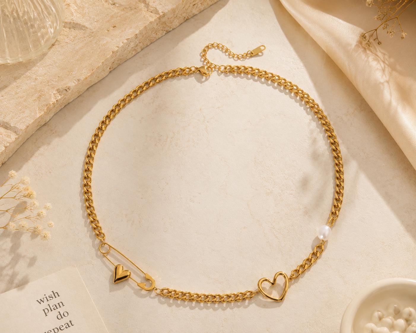Gold Heart Safety Pin Necklace with Pearl, Chunky Chain Layering Jewelry