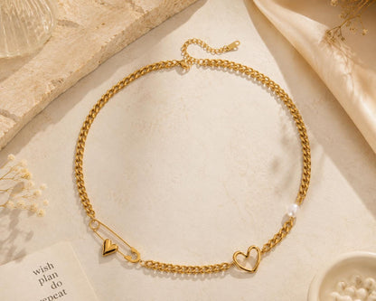 Gold Heart Safety Pin Necklace with Pearl, Chunky Chain Layering Jewelry