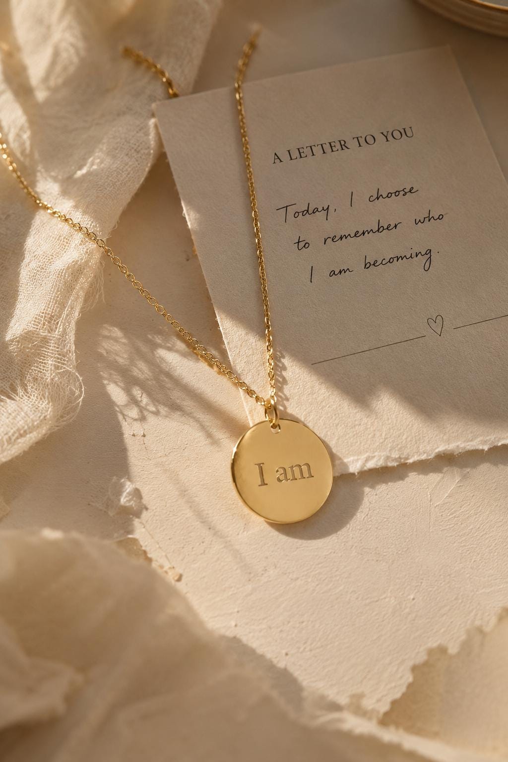 Gold "I Am" Disc Pendant Necklace, Minimalist Affirmation Jewelry, Stainless Steel