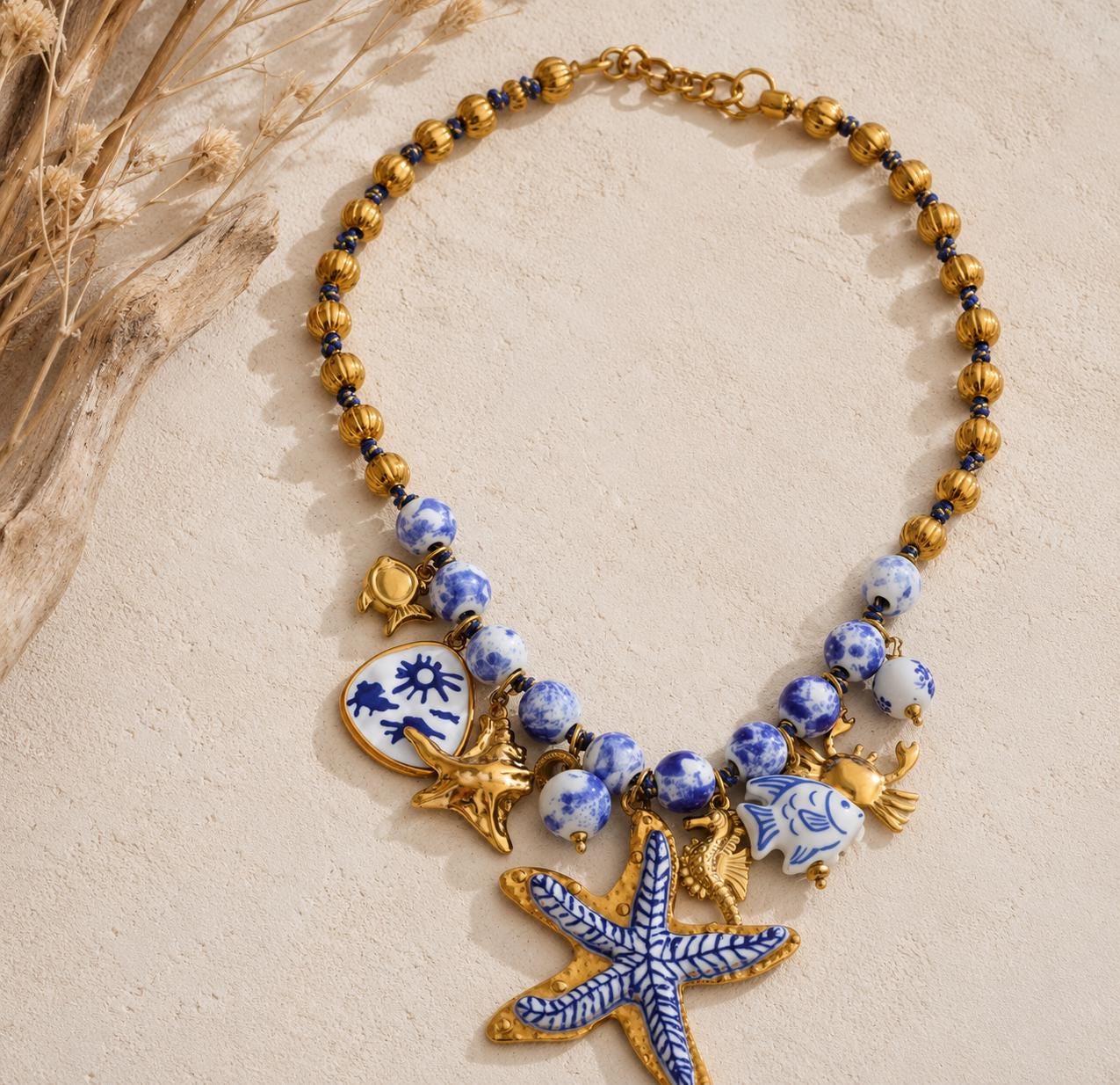 Blue Beaded Starfish Necklace, Ocean Charm, Shell Beads, Coastal Statement, Summer Jewelry