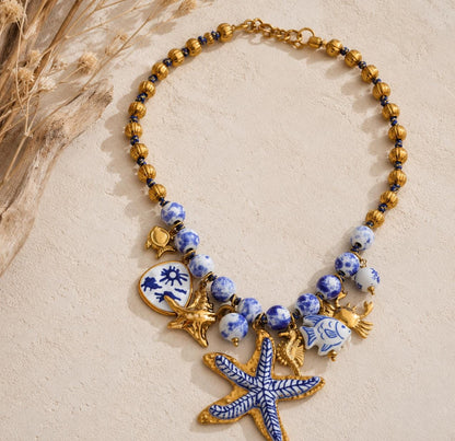 Blue Beaded Starfish Necklace, Ocean Charm, Shell Beads, Coastal Statement, Summer Jewelry