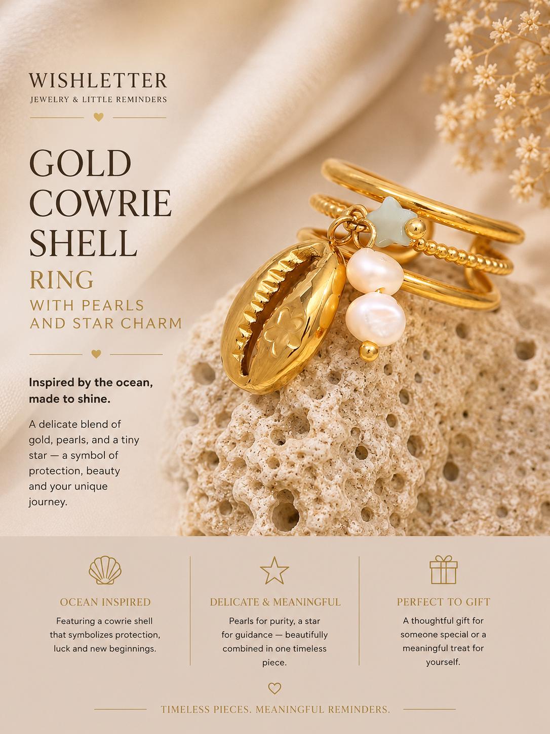 Gold Cowrie Shell Ring with Pearls and Star Charm | Coastal Beach Jewelry