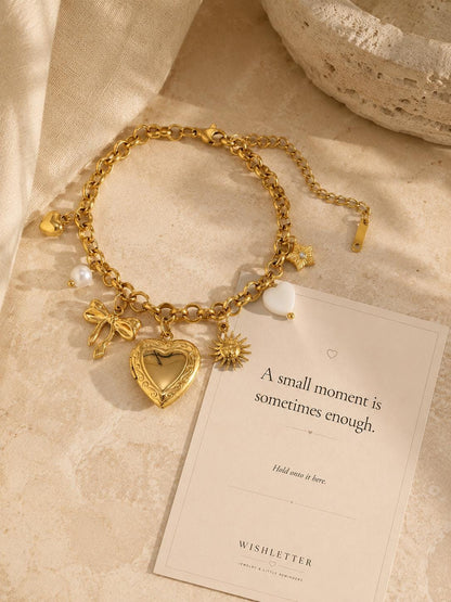 Gold Charm Bracelet with Heart Locket, Pearl, Sun, Star | Stainless Steel Coquette Jewelry