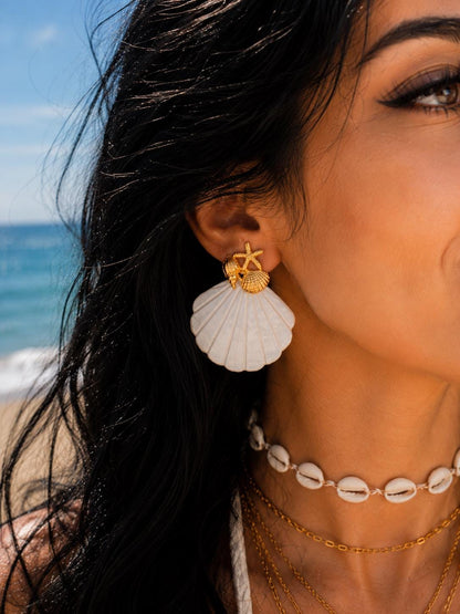 Gold Seashell Starfish Earrings, White Shell Statement Dangle Jewelry