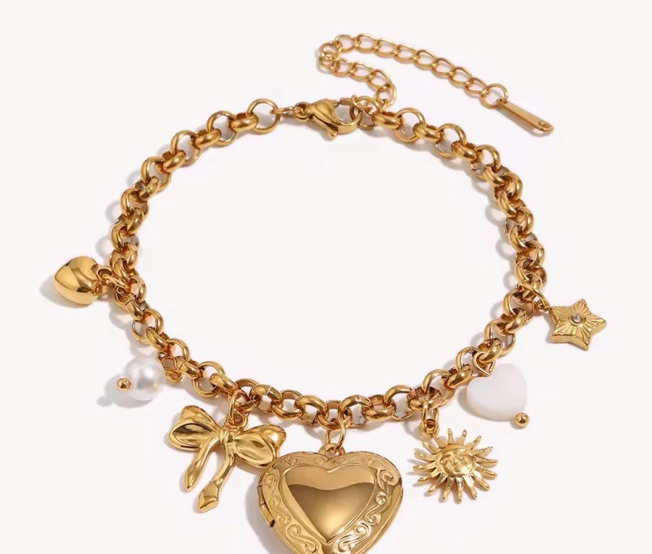 Gold Charm Bracelet with Heart Locket, Pearl, Sun, Star | Stainless Steel Coquette Jewelry
