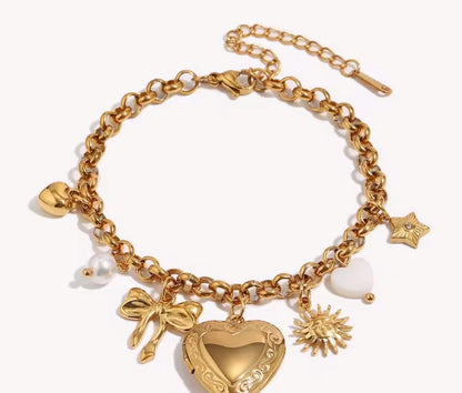 Gold Charm Bracelet with Heart Locket, Pearl, Sun, Star | Stainless Steel Coquette Jewelry