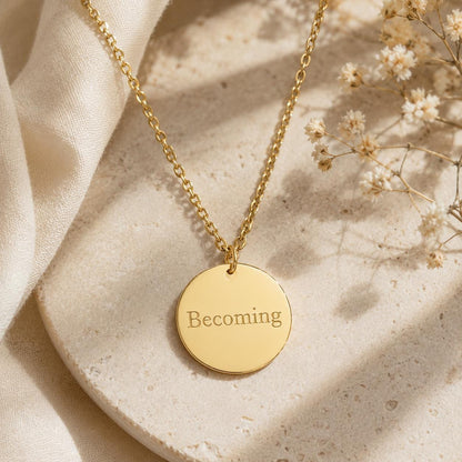 Engraved Gold Disc Necklace – Minimalist Inspirational Pendant, Self Growth Jewelry