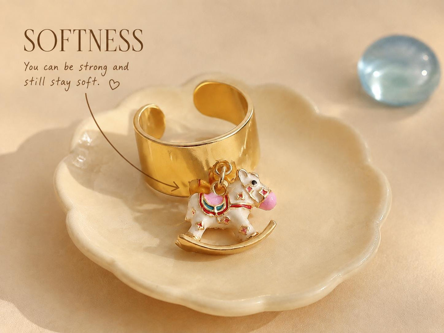 Gold Tone Rocking Horse Charm Ring, Adjustable Statement Ring, Whimsical Dangle Jewelry