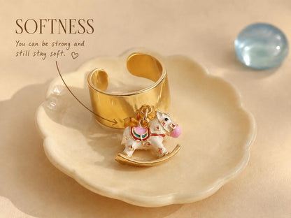 Gold Tone Rocking Horse Charm Ring, Adjustable Statement Ring, Whimsical Dangle Jewelry