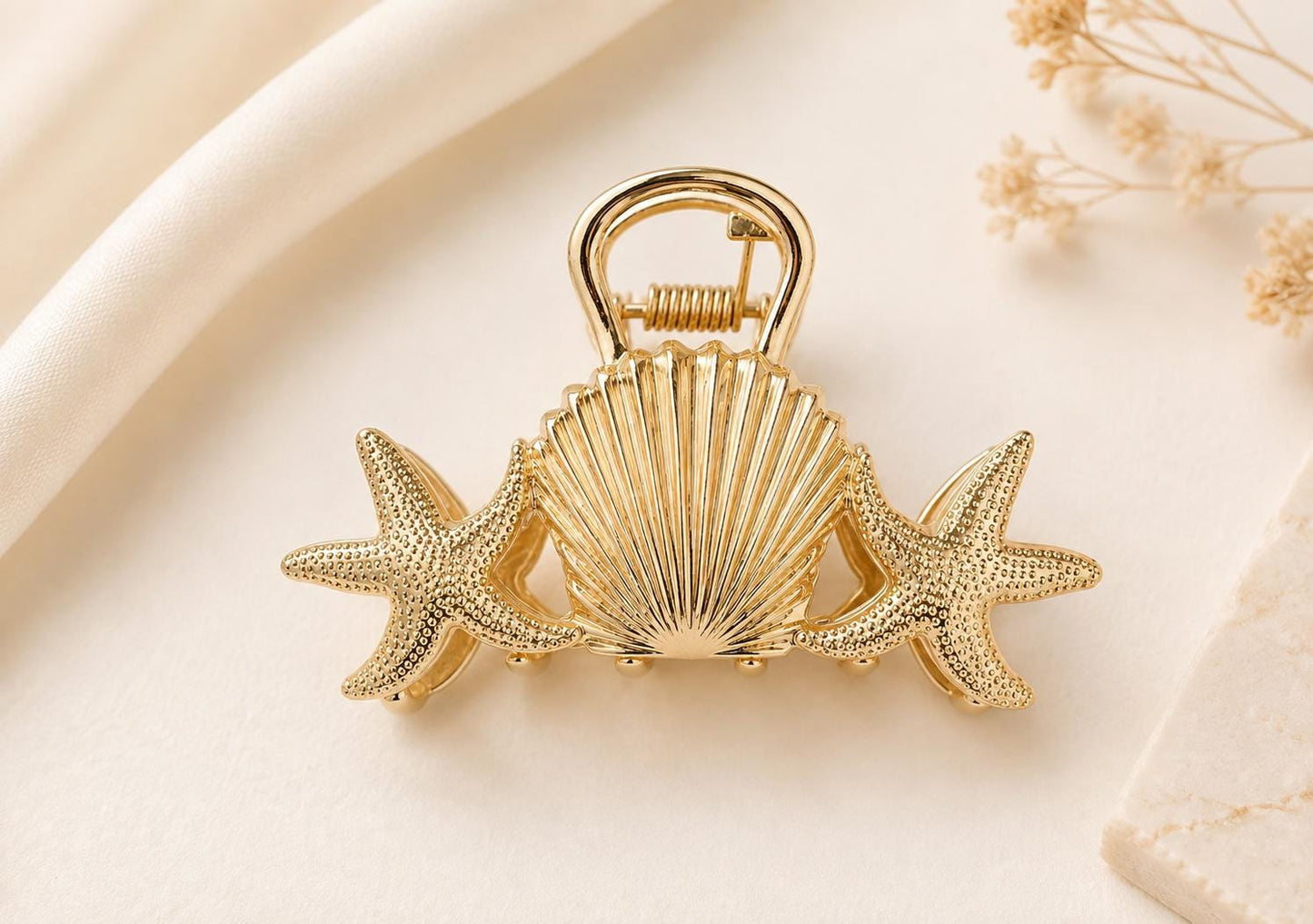 Gold Seashell Starfish Hair Claw Clip, Coastal Ocean Inspired Accessory