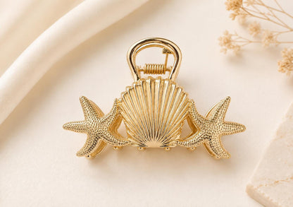 Gold Seashell Starfish Hair Claw Clip, Coastal Ocean Inspired Accessory