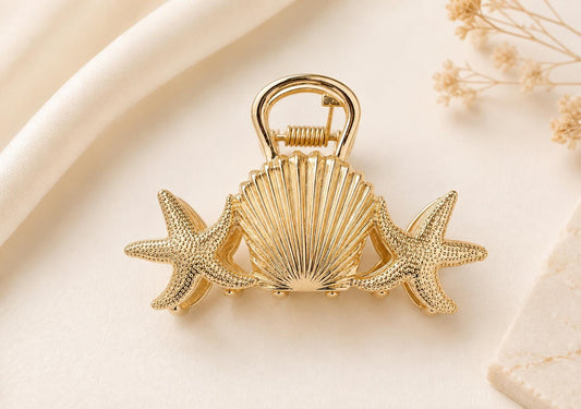 Gold Seashell Starfish Hair Claw Clip, Coastal Ocean Inspired Accessory