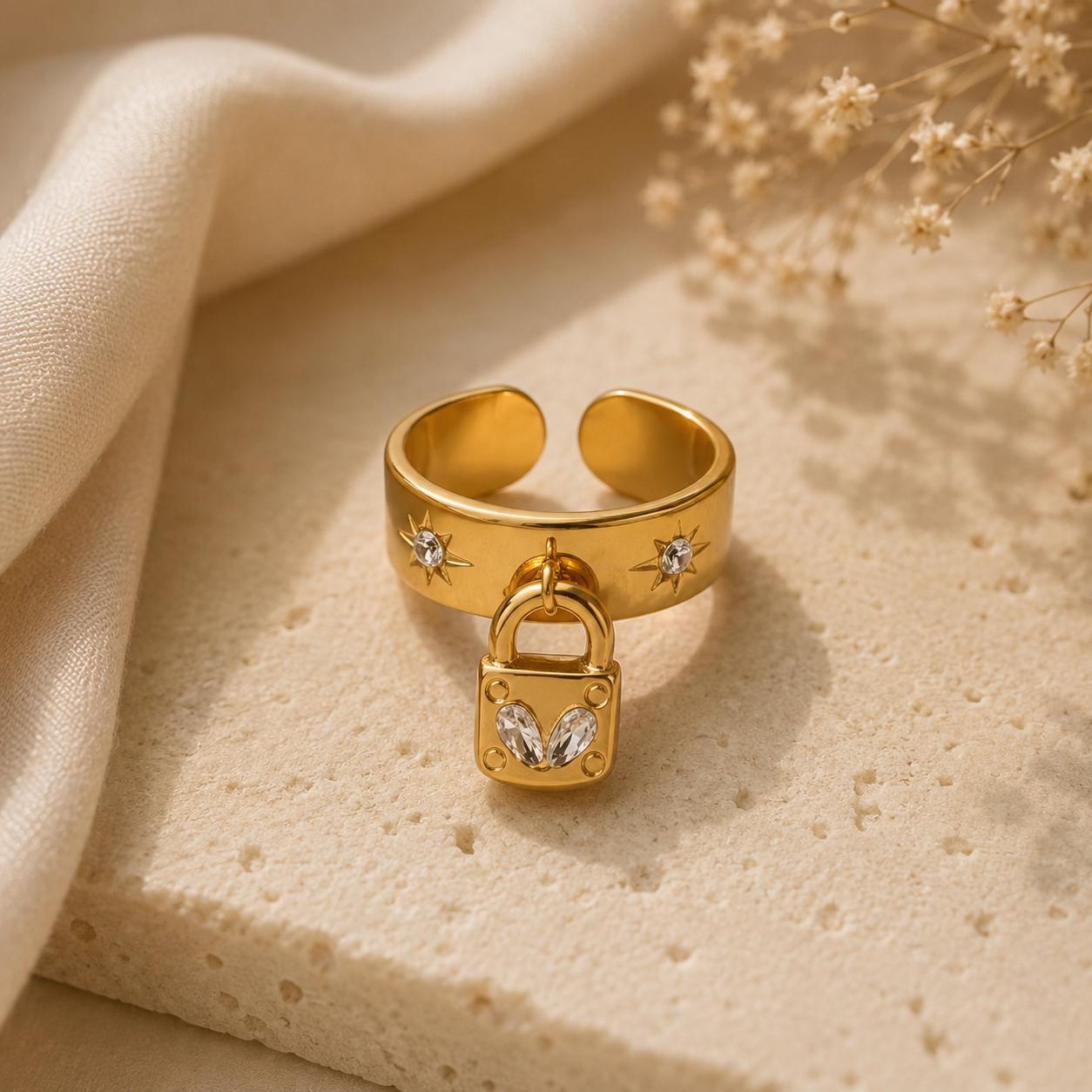 Gold Padlock Ring | Adjustable Stainless Steel Charm Ring | Minimalist Crystal Accents