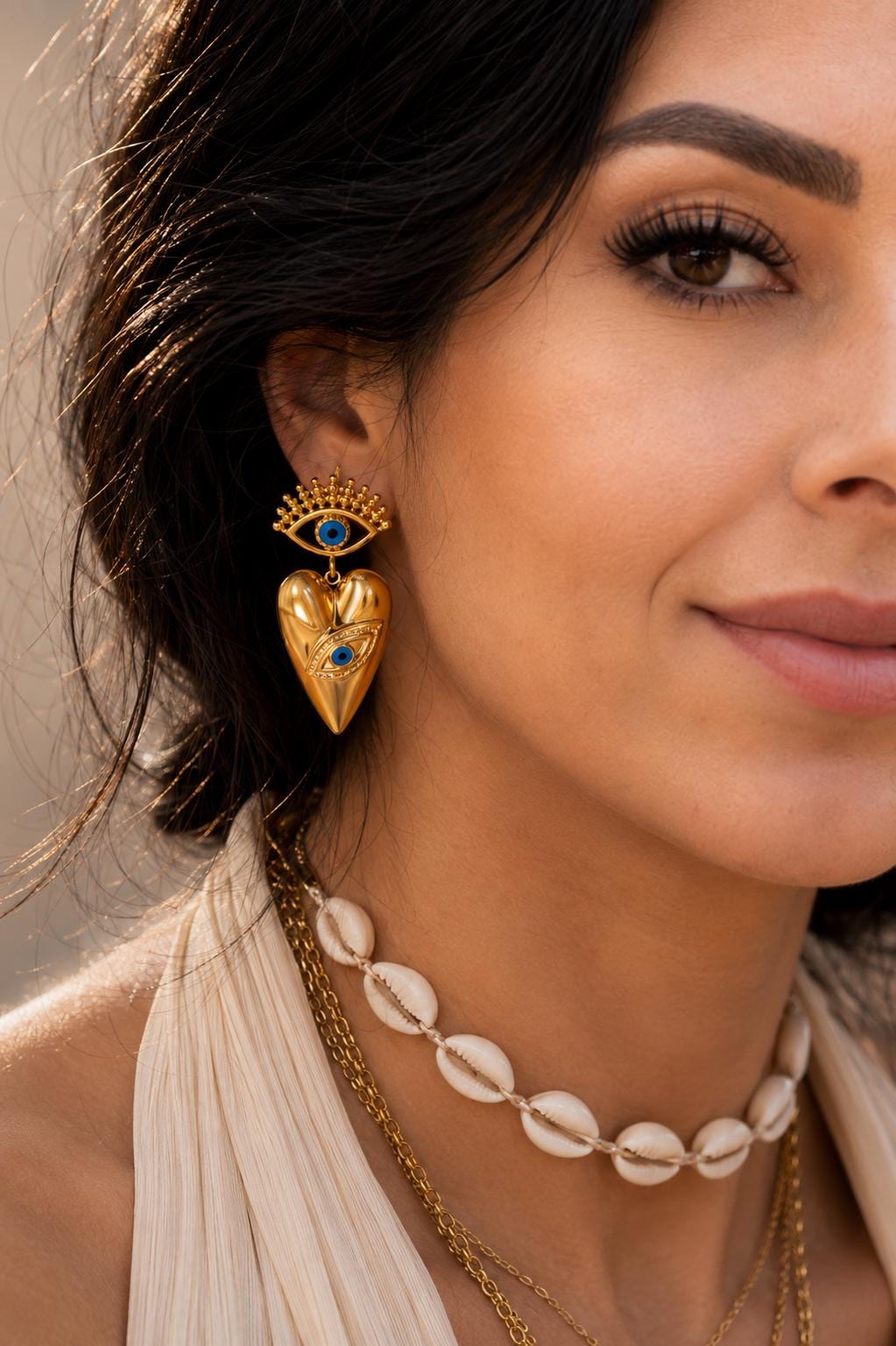 Gold Heart Evil Eye Statement Earrings | Blue Enamel Dangle Jewelry