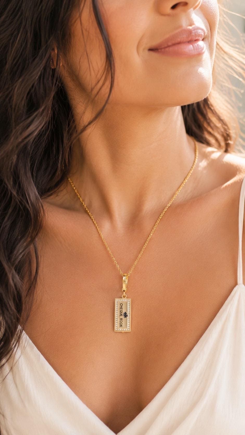 Gold Cheque Book Locket Necklace, Manifestation Pendant, Luxury Jewelry