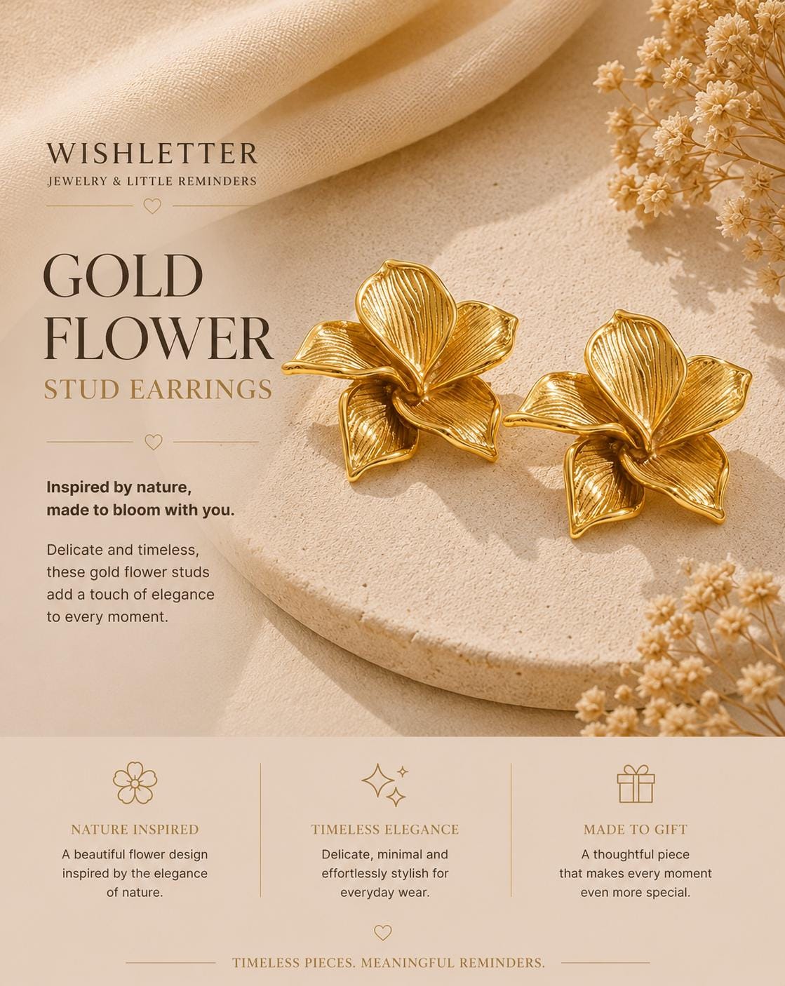 Gold Flower Stud Earrings, Sculptural Botanical Design, Lightweight Everyday Jewelry