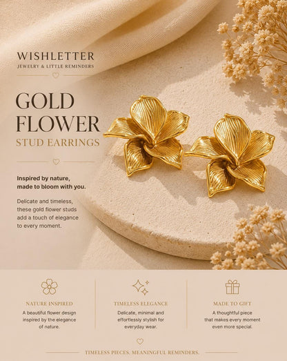 Gold Flower Stud Earrings, Sculptural Botanical Design, Lightweight Everyday Jewelry