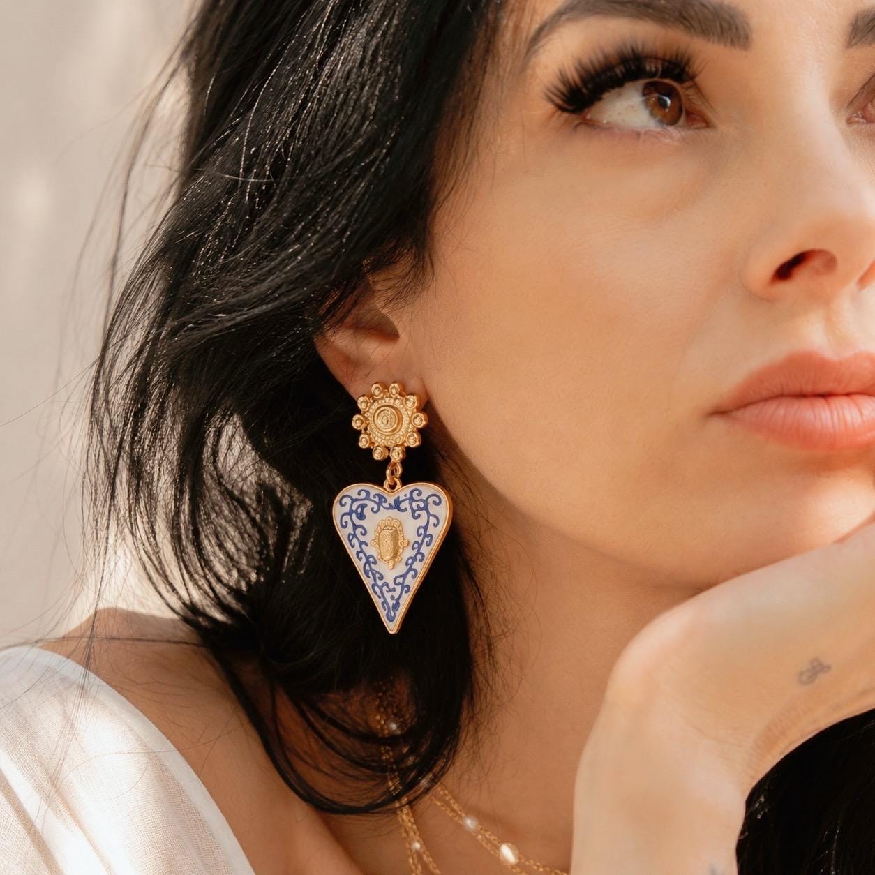 Blue White Heart Ceramic Earrings, Italian Sicilian Inspired Gold Dangle Mediterranean Jewelry