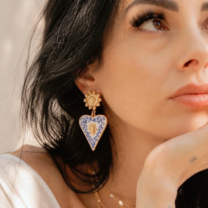 Blue White Heart Ceramic Earrings, Italian Sicilian Inspired Gold Dangle Mediterranean Jewelry