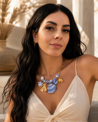 Blue White Porcelain Charm Necklace, Chunky Gold Chain, Coastal Summer Jewelry