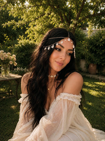 Gold Cowrie Shell Head Chain, Boho Beach Wedding Bridal Headpiece