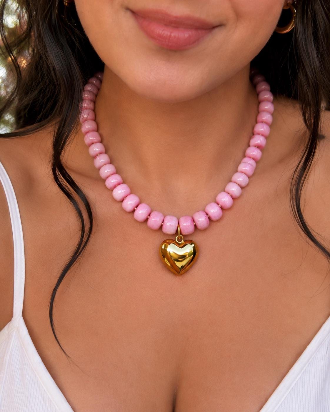 Pink Beaded Heart Necklace, Gold Pendant, Y2K Summer Jewelry