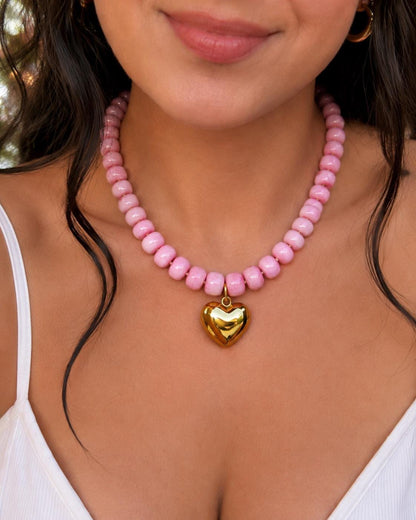 Pink Beaded Heart Necklace, Gold Pendant, Y2K Summer Jewelry