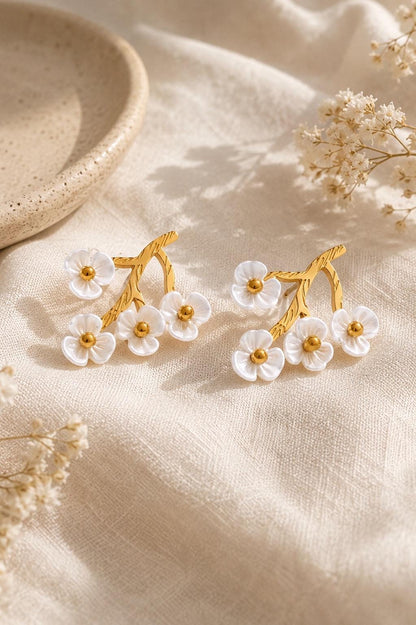 Gold Branch White Flower Earrings, Botanical Resin Jewelry, Romantic Style