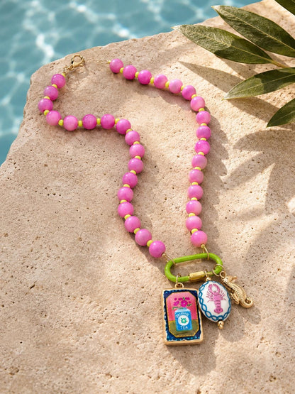 Coastal Charm Beaded Necklace – Enamel Fish, Heart, Lobster Charms, Colorful Beach Jewelry