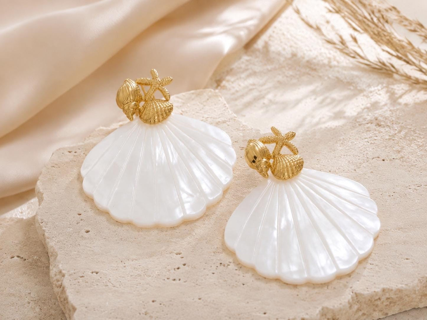 Gold Seashell Starfish Earrings, White Shell Statement Dangle Jewelry