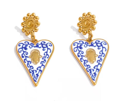 Blue White Heart Ceramic Earrings, Italian Sicilian Inspired Gold Dangle Mediterranean Jewelry