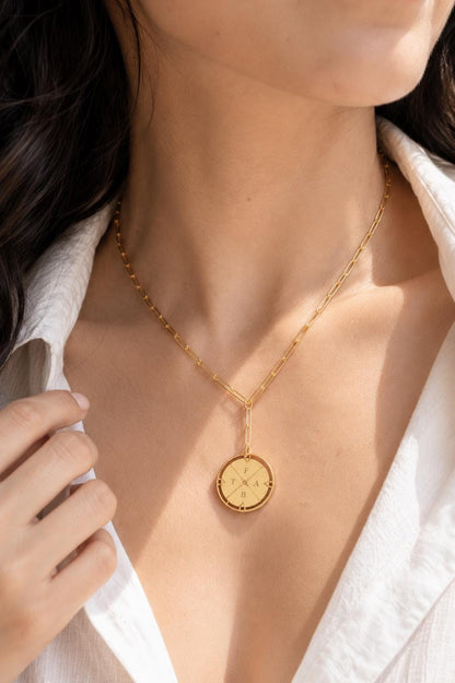 Personalized Gold Compass Medallion Necklace, Stainless Steel, Waterproof Jewelry