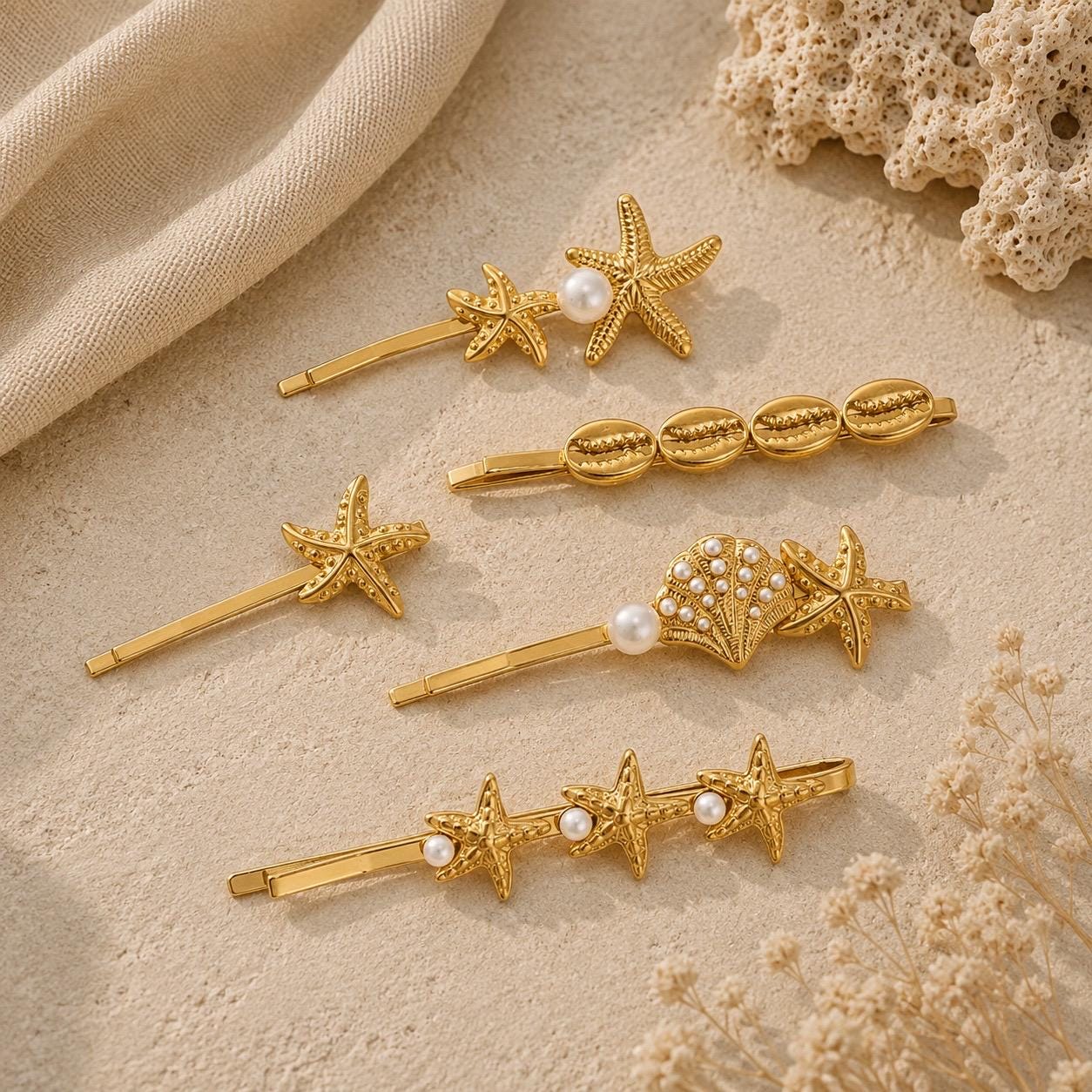 Gold Coastal Hair Clips, Starfish Seashell Pearl Bobby Pins, Beach Summer Accessory