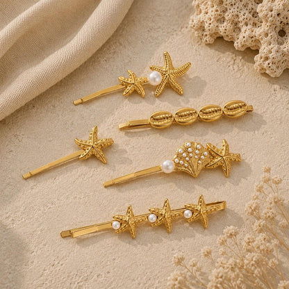 Gold Coastal Hair Clips, Starfish Seashell Pearl Bobby Pins, Beach Summer Accessory