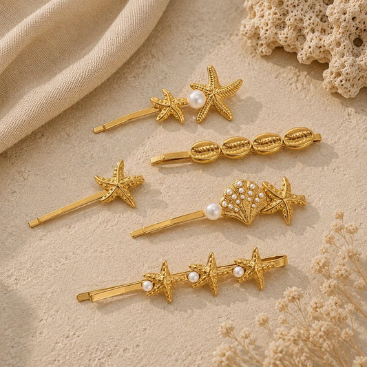 Gold Coastal Hair Clips, Starfish Seashell Pearl Bobby Pins, Beach Summer Accessory