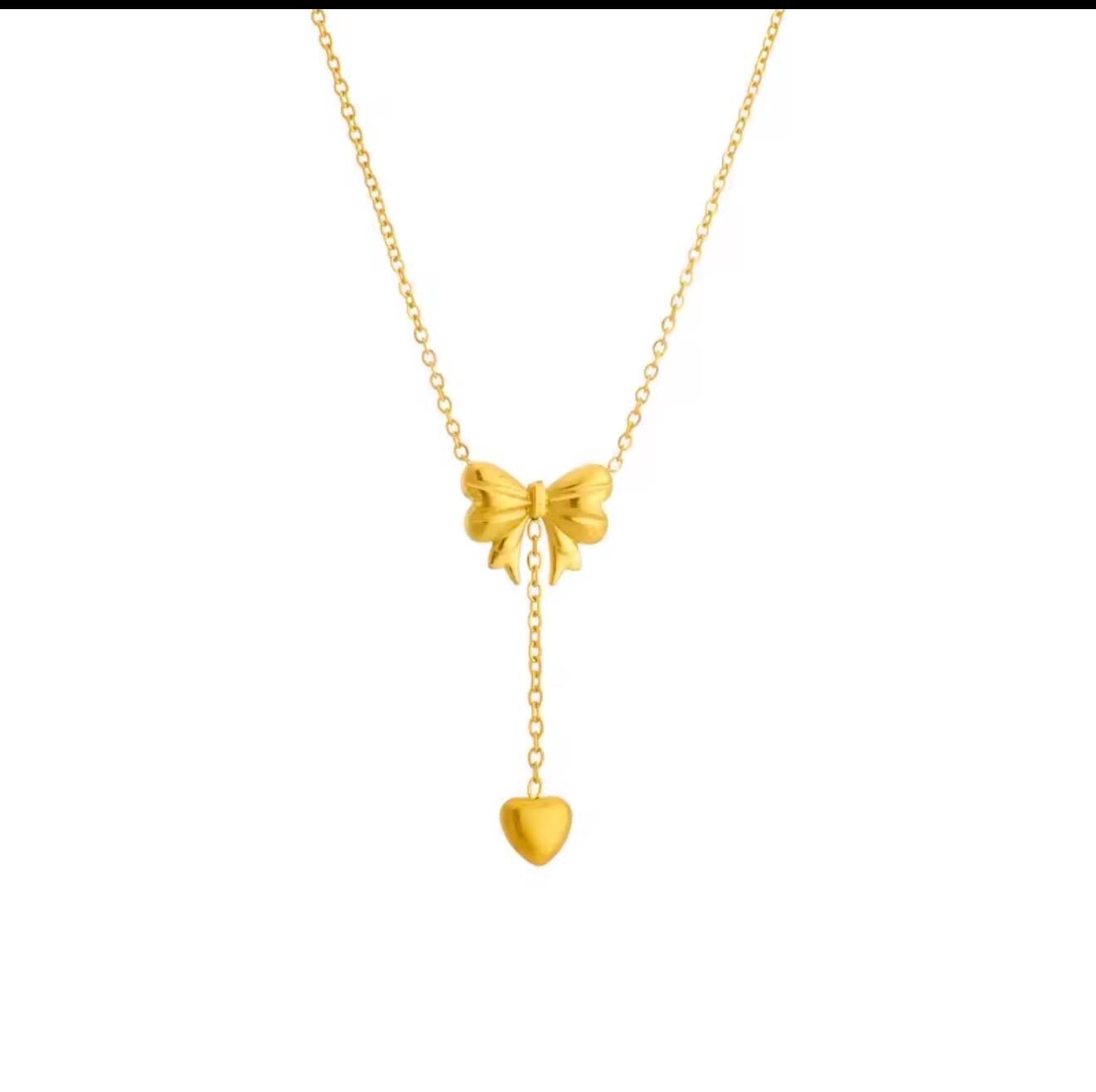 Gold Bow Heart Charm Necklace, Stainless Steel Minimalist Pendant