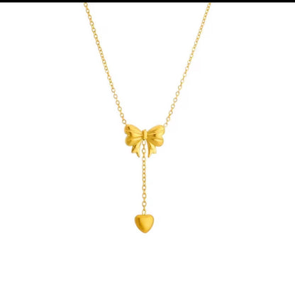Gold Bow Heart Charm Necklace, Stainless Steel Minimalist Pendant