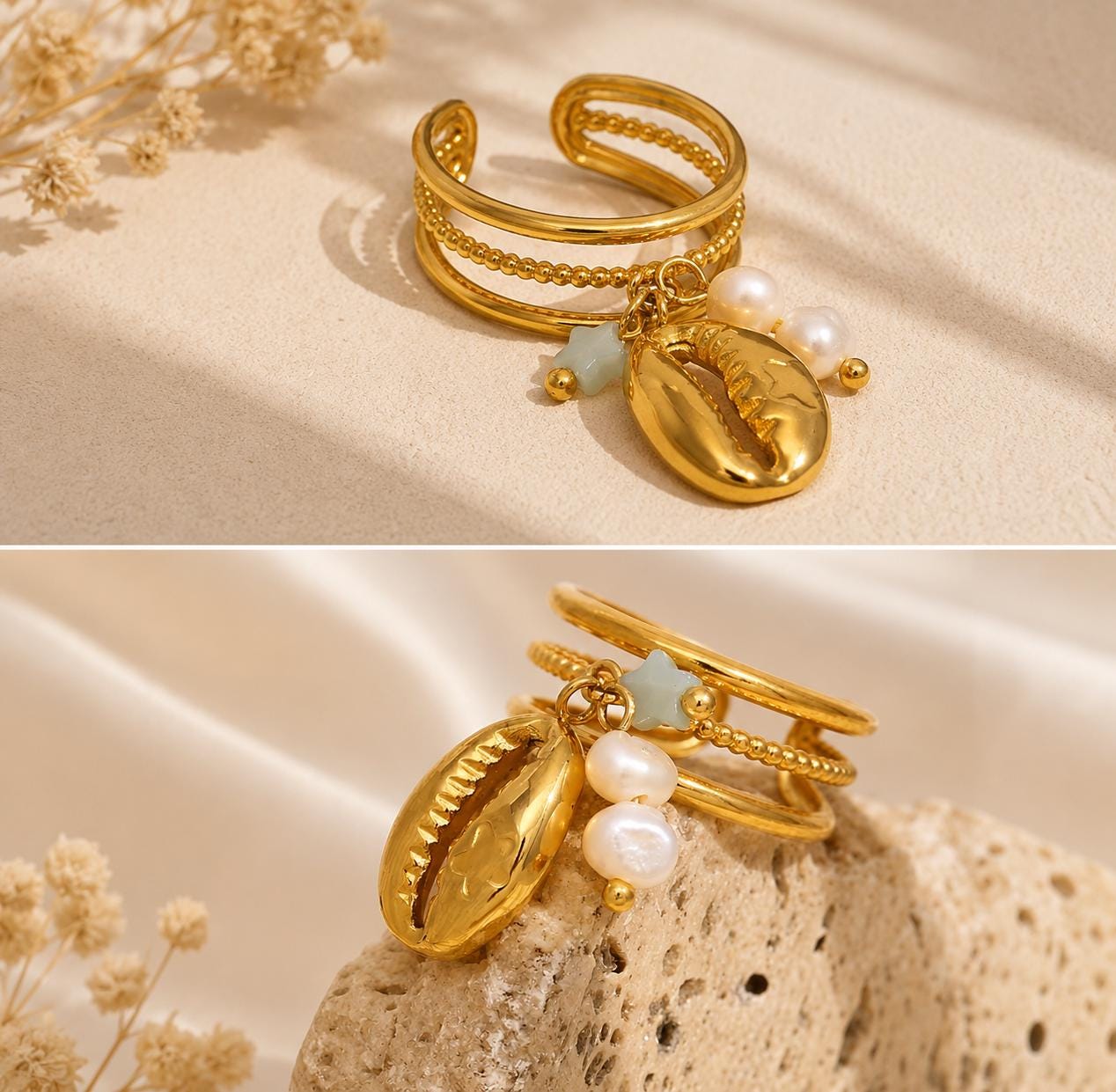 Gold Cowrie Shell Ring with Pearls and Star Charm | Coastal Beach Jewelry