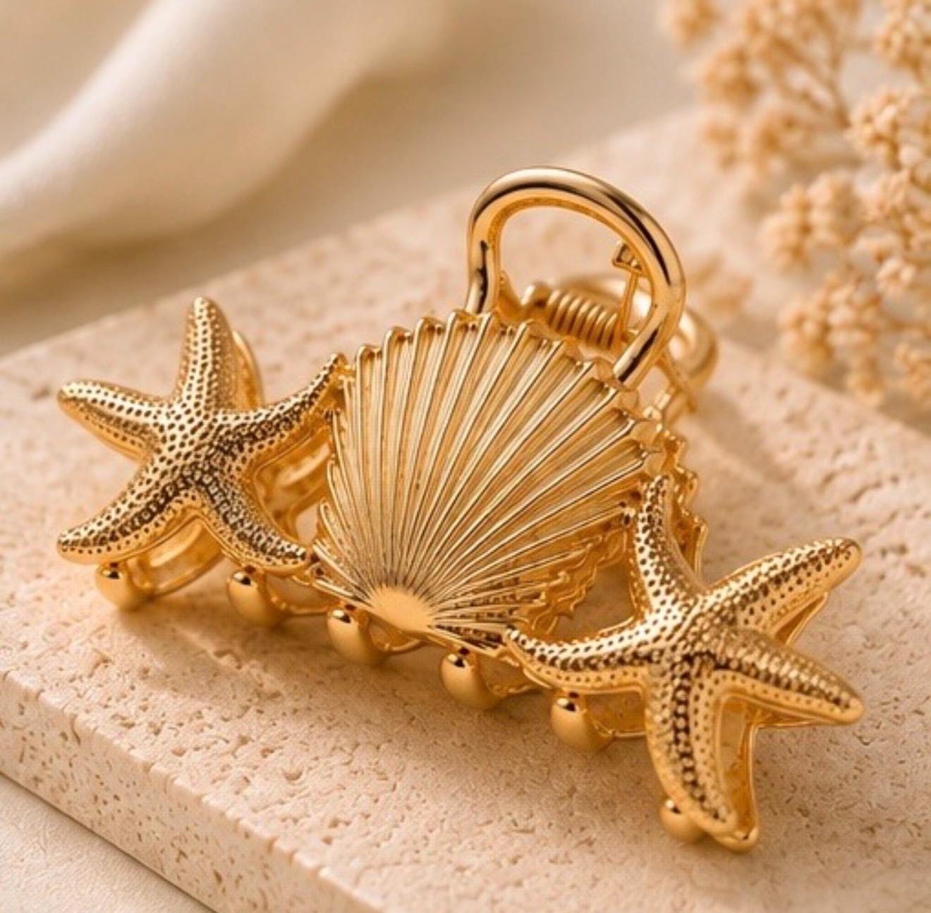 Gold Seashell Starfish Hair Claw Clip, Coastal Ocean Inspired Accessory