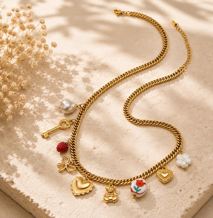 Gold Charm Necklace, Chunky Curb Chain with Heart, Bow, Strawberry, Pearl