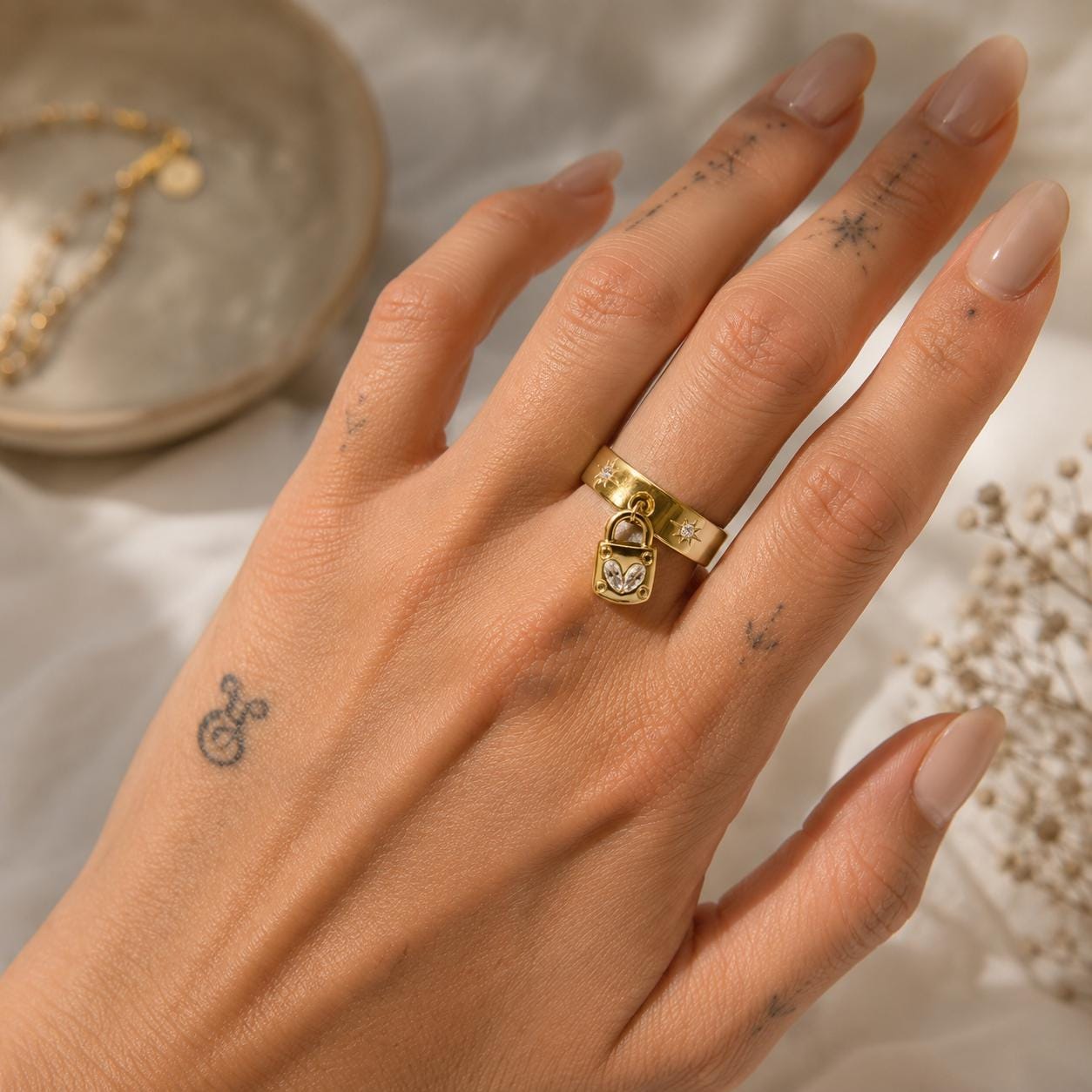 Gold Padlock Ring | Adjustable Stainless Steel Charm Ring | Minimalist Crystal Accents