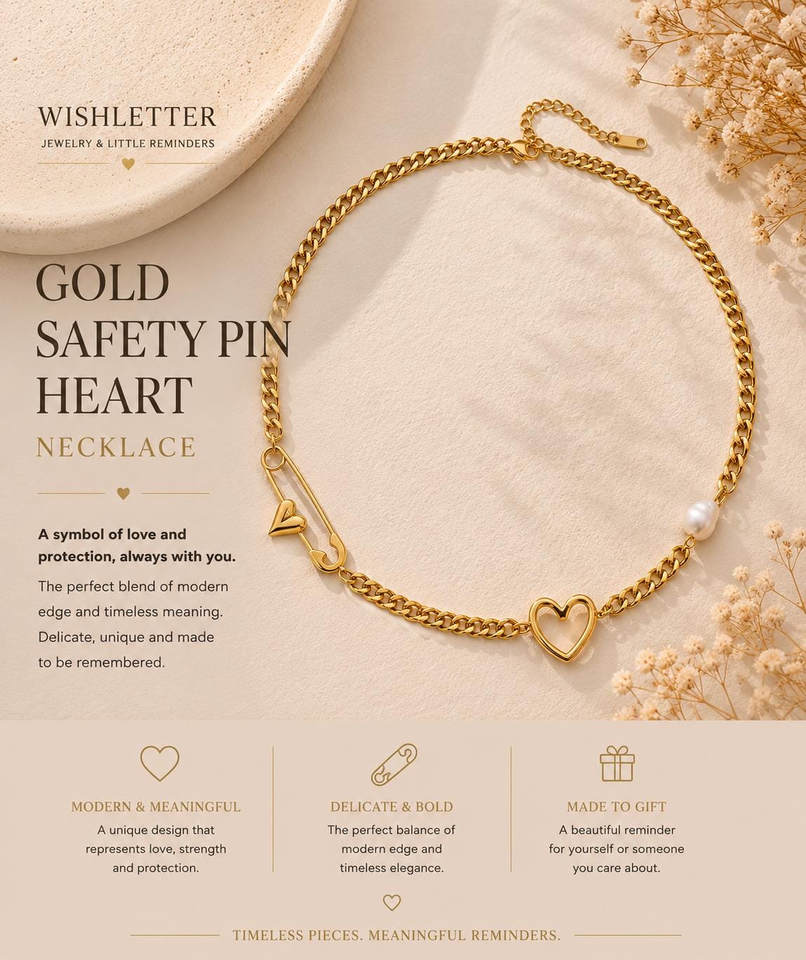 Gold Heart Safety Pin Necklace with Pearl, Chunky Chain Layering Jewelry
