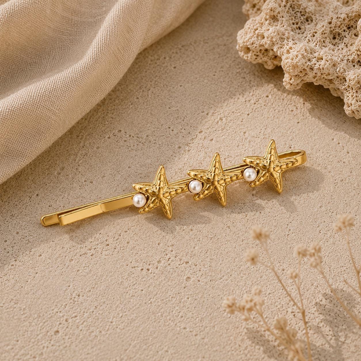 Gold Coastal Hair Clips, Starfish Seashell Pearl Bobby Pins, Beach Summer Accessory